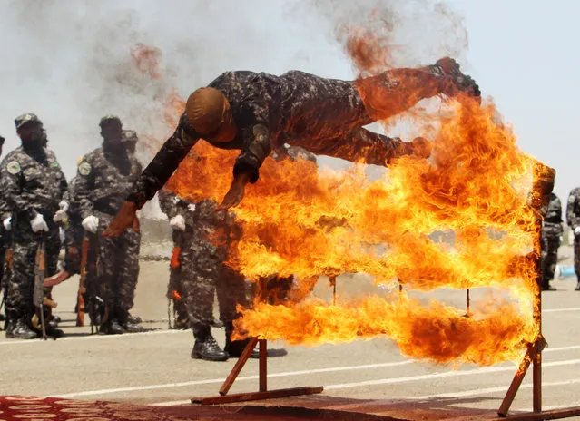 Yemeni recruits allegedly trained by Emirati forces perform combat trainings during a parade in the southern port city of Aden, Yemen, 13 October 2019. According to reports, the UAE has allegedly supported the establishment of new forces of the Southern Transitional Council (STC) that fights for a separate state in the south of Yemen following the UAE's decision to reduce its military presence in southern Yemen. The UAE is a member of the Saudi-led military coalition battling the Houthi rebels on the behalf of the Yemeni government since 2015. (Photo by Najeeb Almahboobi/EPA/EFE)