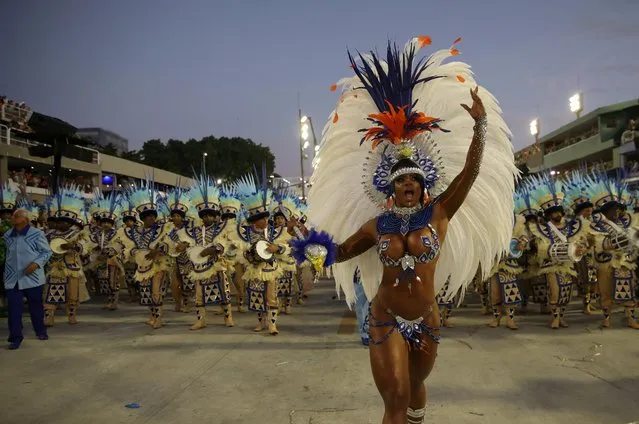 Drum queen Bianca Monteiro of Portela samba school performs during the first night of the Carnival parade at the Sambadrome in Rio de Janeiro, Brazil on February 24, 2020. (Photo by Ricardo Moraes/Reuters)