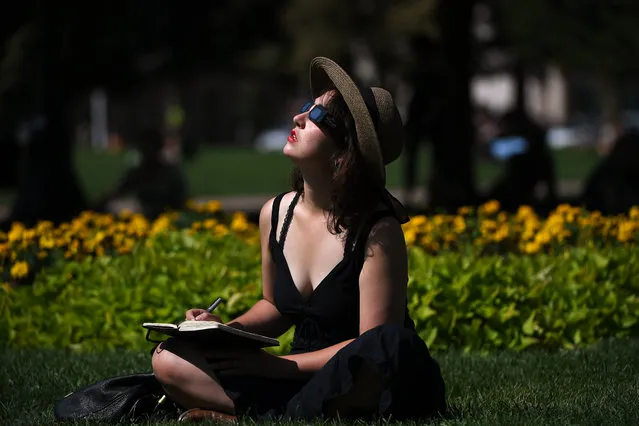 Elise Nardi of Denver writes in her journal as the moon slowly blocks the sun during the Solar Eclipse at Denver in Civic Center Park in Downtown. August 21, 2017 Denver, Colorado. (Photo by Joe Amon/The Denver Post)