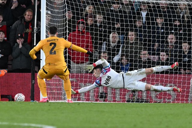 Matt Doherty (2) of Wolverhampton Wanderers misses his penalty in the shoot out after extra time during the FA Cup match between Bournemouth and Wolverhampton Wanderers at the Vitality Stadium on March 1, 2025. (Photo by Graham Hunt/ProSports/Rex Features/Shutterstock)