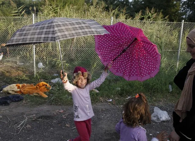 A girl waves ubrellas as she passed with other migrants under highway security fence as they try to find a new way to enter Hungary after Hungarian police sealed the border with Serbia near the village of Horgos, Serbia, September 14, 2015. (Photo by Marko Djurica/Reuters)