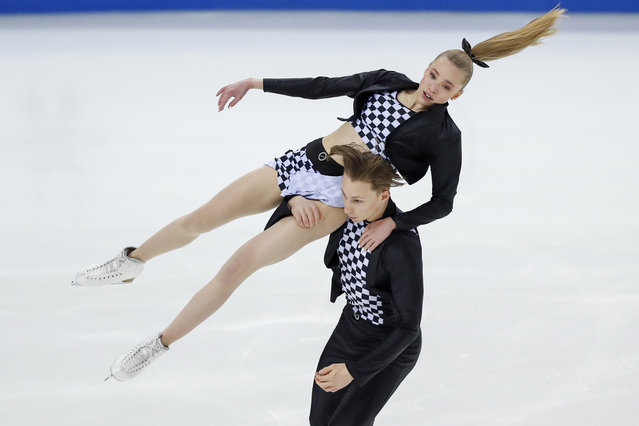 Milla Ruud Reitan and Nikolaj Majorov of Sweden perform in rhythm dance during the ISU European Figure Skating Championships in Kaunas, Lithuania, Friday, January 12, 2024. (Photo by Mindaugas Kulbis/AP Photo)