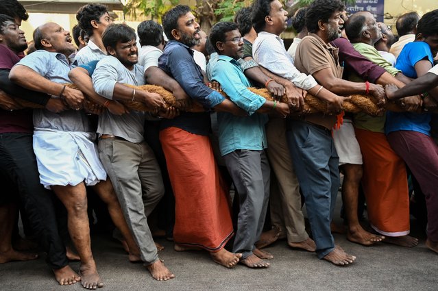 Hindu devotees pull a chariot by tugging its ropes during the chariot festival at Kapaleeshwarar Temple in Chennai on April 9, 2025. (Photo by R.Satish Babu/AFP Photo)