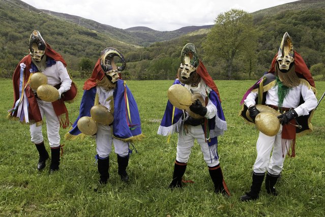 Parade during the ninth edition of the Iberian Masquerade Festival “Vibo Mask Festival” in Ourense, Spain on April 28, 2024. The contingents participated showing their traditional carnival masks and costumes, accompanied by music and performing dances and jokes to the public. (Photo by Cristian Leyva/ZUMA Press Wire/Rex Features/Shutterstock)
