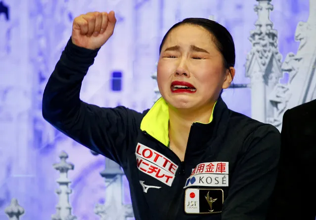 Wakaba Higuchi of Japan reacts after completing her women' s free skating program, at the Figure Skating World Championships in Assago, near Milan, Italy, Friday, March 23, 2018. (Photo by Alessandro Garofalo/Reuters)
