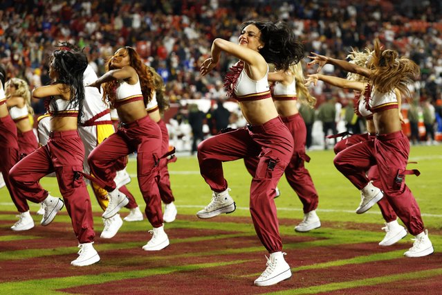 Members of the Washington Commanders Command Force dance during a timeout against the Seattle Seahawks during the second half at Northwest Stadium in Landover, Maryland on November 2, 2025. (Photo by Geoff Burke/Reuters)