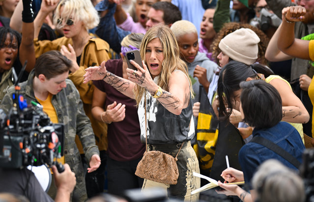 American actress Jennifer Aniston is seen filming on location for “The Morning Show” in the Flatiron District on July 28, 2024 in New York City. (Photo by James Devaney/GC Images)
