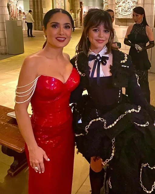 Mexican-American actress Salma Hayek and American actress Jenna Ortega celebrate being Latinas at the Met Gala on May 1, 2023. (Photo by salmahayek/Instagram)