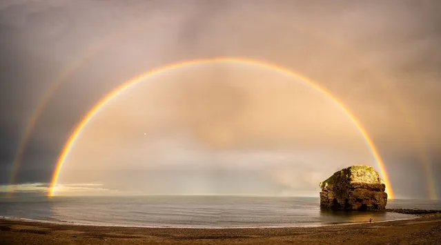 Beautiful double rainbow on Sunday, October 31, 2022 in South Shields at Marsden Rock, United Kingdom. (Photo by South West News Service)