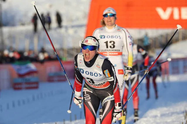 Winner Heidi Weng of Norway, celebrates her victory in front of Hanna Falk of Sweden (3rd place) during the ladies Cross Country Sprint event at the FIS Cross Country World Cup in Lillehammer, Norway December 2, 2016. (Photo by Terje Pedersen/Reuters/Scanpix)