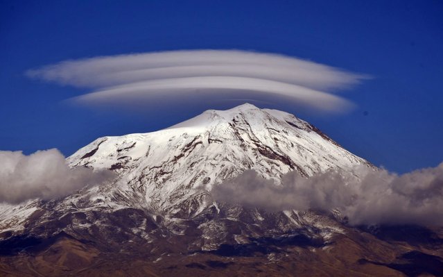 Fog cloud covers the summit of the Mount Ararat in Dogubeyazit district of Agri, Turkey on October 31, 2019. (Photo by Goksel Cuneyt Igde/Anadolu Agency via Getty Images)