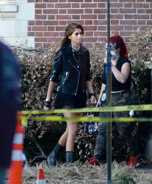 Kaia Gerber makes her acting debut as she is spotted of the first time on the set of “American Horror Story” spin off filming in Downtown Los Angeles on July 28, 2021. The 19 year old supermodel turned actress wore a black leather jacket, black skirt and matching boots. Noah Cyrus was also seen on set along with their co star Sierra McCormick who plays the role of the famous rubber (Wo)Man. (Photo by The Image Direct)