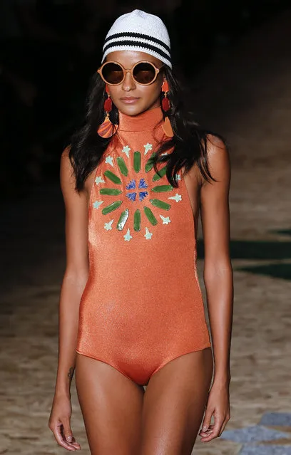 A model wears a creation from the Salinas Summer collection during Sao Paulo Fashion Week in Sao Paulo, Brazil, Wednesday, April 15, 2015. (Photo by Andre Penner/AP Photo)