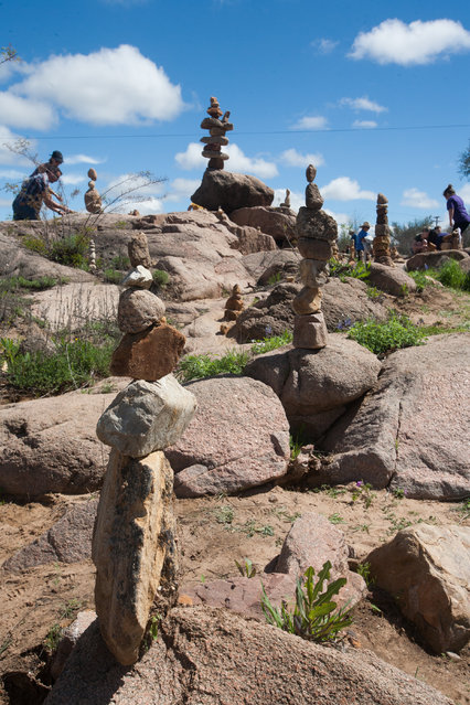 Rock stacks on rocks could be seen everywhere all over the park along the Llano River in Llano TX for the Llano Earth Art Fest. People from all overcame to enjoy the talent of pros and test their own rock balancing talents March 12, 2016. (Photo by Nell Carroll/American-Statesman)
