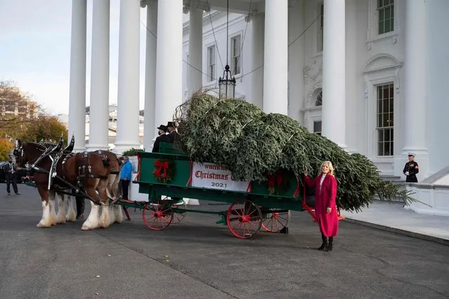 First Lady Jill Biden speaks during the arrival of the White House Christmas Tree at the White House in Washington, DC, on November 22, 2021. (Photo by Jim Watson/AFP Photo)