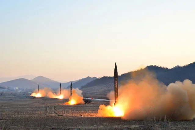 North Korean leader Kim Jong Un supervised a ballistic rocket launching drill of Hwasong artillery units of the Strategic Force of the KPA on the spot in this undated photo released by North Korea's Korean Central News Agency (KCNA) in Pyongyang March 7, 2017. (Photo by Reuters/KCNA)