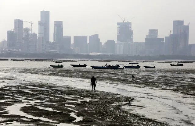 A man walks during low tide at Lau Fau Shan, famous for its oyster culture, in Hong Kong's rural New Territories July 3, 2015. The fast developing city of Shenzhen on mainland China is seen in the background. (Photo by Bobby Yip/Reuters)
