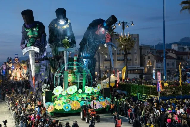 Viareggio carnival in Italy on February 24, 2022. The second masked course is held at night and the allegorical floats are coloured with new light. (Photo by Federico Neri/Pacific Press/Rex Features/Shutterstock)