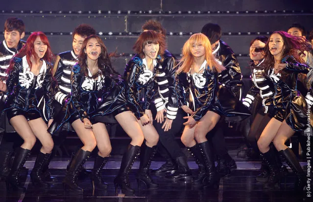 KARA perform on stage during their first solo concert KARASIA at Olympic gymnasium on February 18, 2012 in Seoul, South Korea
