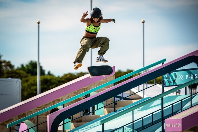 Rayssa Leal of Brazil successfully completes trick that wins her the bronze medal for third place in Womens Street Skateboarding heats during the XXXIII Olympic Games, Paris 2024 at La Concorde, Paris, France on July 28, 2024. (Photo by Richard Callis/SPP/Rex Features/Shutterstock)