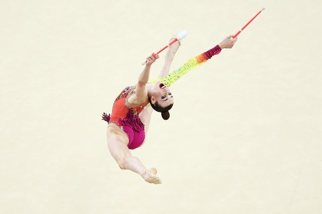 Darja Varfolomeev of Team Germany competes during the Rhythmic Gymnastics Individual All-Around Final on day fourteen of the Olympic Games Paris 2024 at Porte de La Chapelle Arena on August 09, 2024 in Paris, France. (Photo by Naomi Baker/Getty Images)