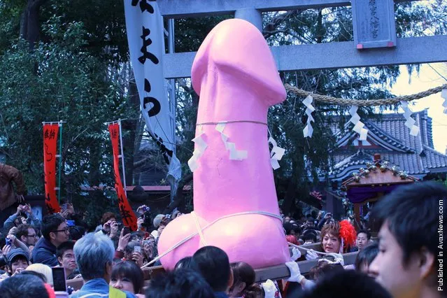 Members of the 'Elizabeth Club,' a club for non-professional transvestites and cross dressers, carry a large pink phallic-shaped 'mikoshi' float through the streets as part of the Kanamara festival (Festival of the Steel Phallus) on April 1, 2012 in Kawasaki, Japan