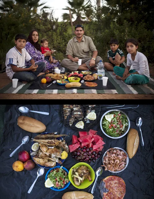This combination of two photos taken on Tuesday, July 8, 2014, shows a Syrian refugee family waiting to break their fast, top, and their meal, bottom, during the holy month of Ramadan, next to the Temporary Centre for Immigrants in the Spanish enclave of Melilla, Spain. The family is from Aleppo, Syria, and they arrived to Melilla about four months ago. (Photo by Santi Palacios/AP Photo)