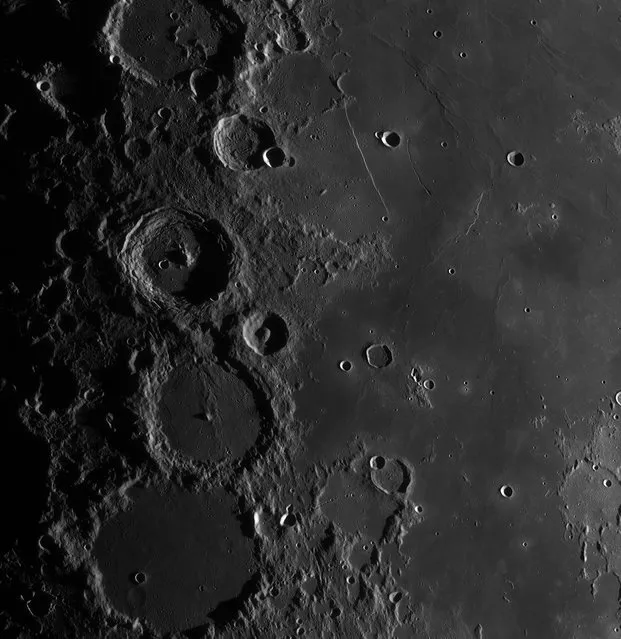 “Our moon”. Runner up: Evening in the Ptolemaeus Chain and Rupes Recta Region by Jordi Delpeix Borrell (Spain) A close up of the craggy face of the moon, shows the south central lunar face is dominated by the magnificent chain of walled plains: Ptolemaeus, Alphonsus and Arzachel. L’ Ametlla del Vallès, Barcelona, Spain, 25 August 2016 Celestron C14 355.6 mm f/11 Scmidt-Cassegrain telescope at f/19, Sky-Watcher NEQ6 Pro mount, ZWO ASI 174MM camera, 500 of 6600 frames stacked. (Photo by Jordi Delpeix Borrell/Insight Astronomy Photographer of the Year 2017)