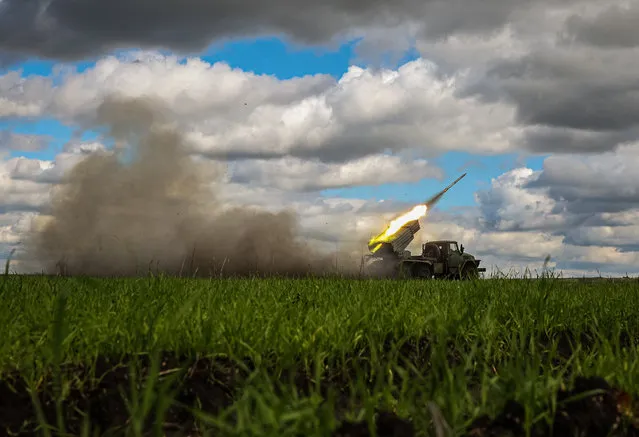 A BM-21 “Grad” multiple rocket launcher fires towards Russian positions in Donetsk region on October 3, 2022, amid the Russian invasion of Ukraine. (Photo by Anatolii Stepanov/AFP Photo)