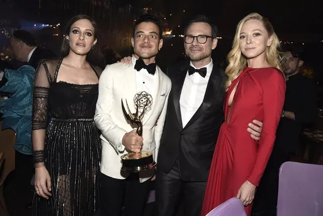 Carly Chaikin, from left, Rami Malek, winner of the award for outstanding lead actor in a drama series for “Mr. Robot”, Christian Slater and Portia Doubleday attend the Governors Ball for the 68th Primetime Emmy Awards at the Los Angeles Convention Center on Sunday, September 18, 2016, in Los Angeles. (Photo by Dan Steinberg/Invision for the Television Academy/AP Images)