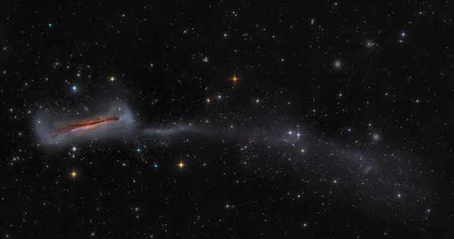 Galaxies runner-up: NGC 3628 with 300,000 Light Year Long Tail by Mark Hanson (US). NGC 3628 is a popular galaxy target for both astrophotographers and visual observers, with its distinctive dust lane. Studies by professional astronomers have shown that the evolution of some galaxies are the product of a series of minor merges with smaller dwarf galaxies. This image is an epic undertaking of five years of exposures taken with three telescopes, although the majority of the exposure was in 2019. The goal of this mosaic is to show the tidal tail, measuring 300,000 light years in length. (Photo by Mark Hanson/2020 Astronomy Photographer of the Year)
