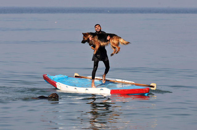 Palestinian trainer Khabab Al-Sahloub, 34, trains dogs at a dog training academy in Gaza city on February 1. 2023. Al-Sahloub opens an academy specialized in training dogs for the first time in the Gaza Strip. (Photo by Ashraf Amra/APA Images/Rex Features/Shutterstock)