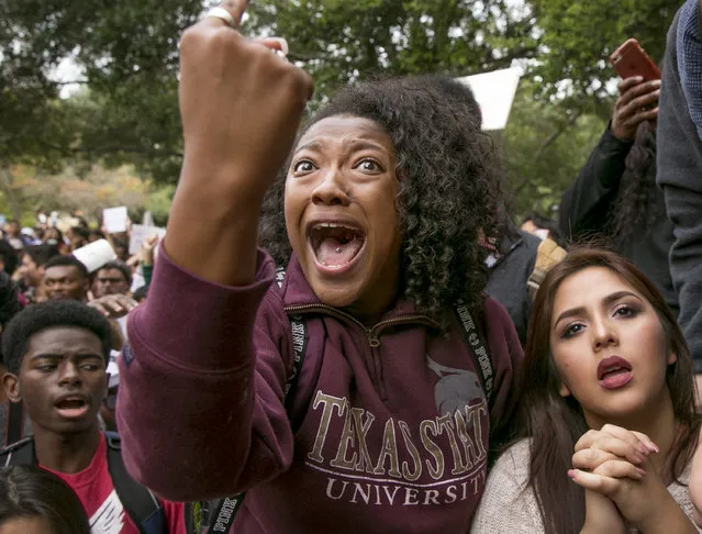 Arielle Moore, 19, argues with a Trump supporter during a protest at Texas State University in San Marcos, Texas, Thursday November 10, 2016, opposition of Donald Trump's presidential election victory. (Photo by Jay Janner/Austin American-Statesman via AP Photo)