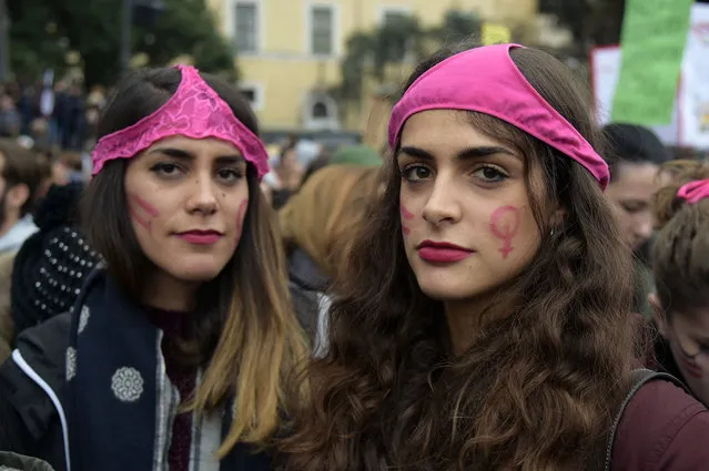 Protesters wear underwear on the heads during a demonstration to mark the International Day for the Elimination of Violence against Women in Rome, Italy on November 24, 2018. (Photo by Luigi Mistrulli/Sipa/Rex Features/Shutterstock)