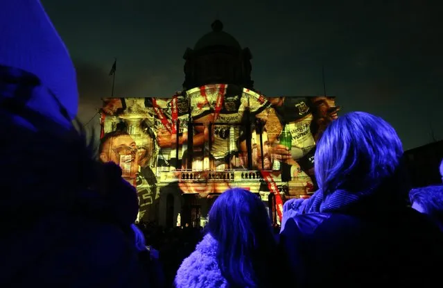 “We Are Hull” by Zolst Balogh with original soundtrack by Dan Jones, at Queen Victoria Square for Sean McAllisters Made in Hull, as part of the official opening of Hull UK City of Culture on January 1, 2017 in Hull, England. (Photo by Nigel Roddis/Getty Images for Hull Uk City Of Culture 2017)