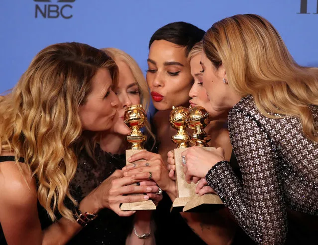 (L-R) Laura Dern, Nicole Kidman, Zoe Kravitz, Reese Witherspoon and Shailene Woodley pose backstage after winning for Best Television Limited Series or Motion Picture Made for Television for “Big Little Lies” at the Golden Globe Awards, January 7, 2018. (Photo by Lucy Nicholson/Reuters)
