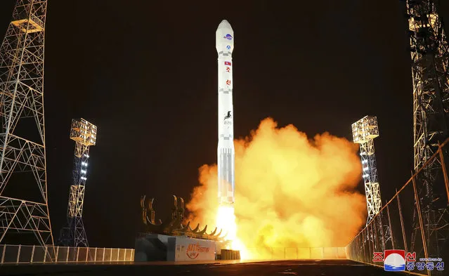 This photo provided by the North Korean government shows what the country said is the launch of the Malligyong-1, a military spy satellite, into orbit on Tuesday, November 21, 2023. Independent journalists were not given access to cover the event depicted in this image distributed by the North Korean government. The content of this image is as provided and cannot be independently verified. Korean language watermark on image as provided by source reads: “KCNA” which is the abbreviation for Korean Central News Agency. (Photo by Korean Central News Agency/Korea News Service via AP Photo)