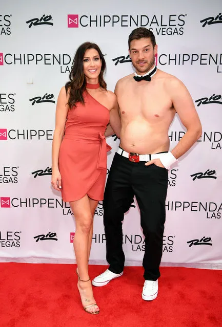 TV personalities Becca Kufrin and Garrett Yrigoyen arrive at Chippendales Las Vegas at the Rio All-Suit Hotel and Casino on March 23, 2019 in Las Vegas, Nevada. (Photo by Denise Truscello/WireImage)