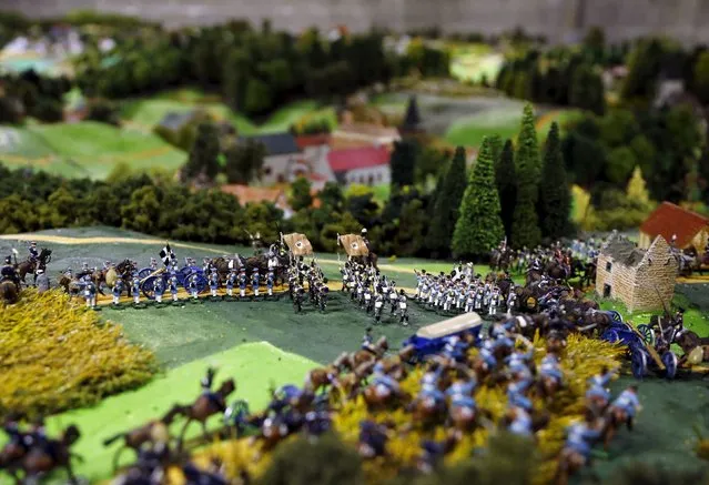 Figurines representing the Prussian army are seen on a 40-square-metre miniature model of the June 18, 1815 Waterloo battlefield, in Diest, Belgium, in this picture taken on April 29, 2015. (Photo by Francois Lenoir/Reuters)