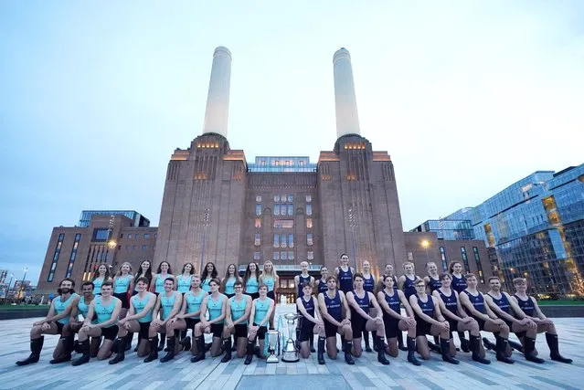 The combined Oxford (right) and Cambridge (left) Universities' mens and womens rowing teams attend a photo call during the crew announcements for The 2024 Gemini Boat Race at Battersea Power Station, London on Wednesday, March 13, 2024. The Gemini Boat Race will take place on Saturday the 30th of March. (Photo by Jonathan Brady/PA Images via Getty Images)