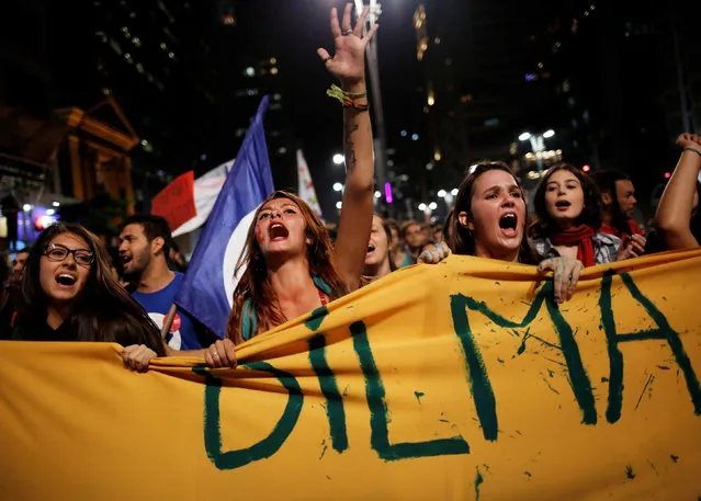 Women shout slogans during a protest against Brazil's interim President Michel Temer and in support of suspended President Dilma Rousseff at Paulista Avenue in Sao Paulo, Brazil, May 17, 2016. (Photo by Nacho Doce/Reuters)
