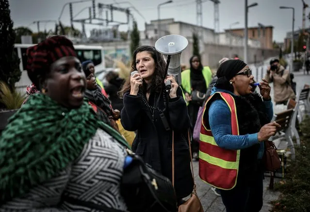Chamber maids of the Ibis Batignolles Hotel demonstrate, on October 17, 2019 outside the Accor headquarters in Paris, on the day marking the third month of their strike to call for to call for better working conditions. (Photo by Stephane De Sakutin/AFP Photo)