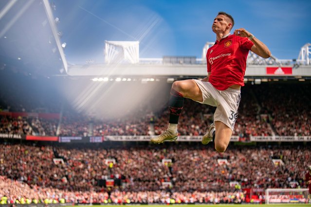 Scott McTominay of Manchester United celebrates scoring a goal to make the score 1-0 during the Premier League match between Manchester United and Everton FC at Old Trafford on April 8, 2023 in Manchester, United Kingdom. (Photo by Ash Donelon/Manchester United via Getty Images)