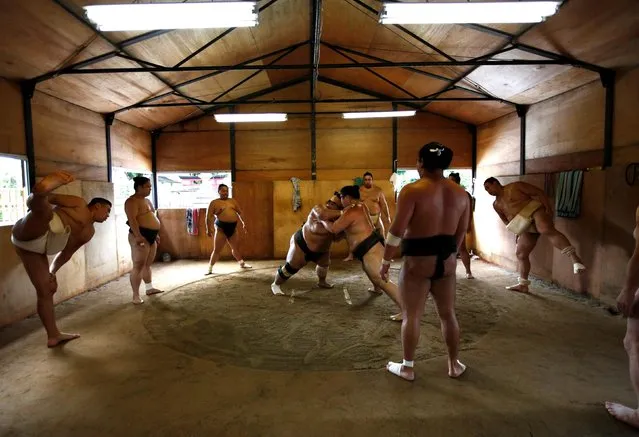 Mongolian-born Tomozuna Oyakata, or master of the Tomozuna stable (L), attends his wrestlers' training session in Nagoya, Japan on July 18, 2017. The wrestlers, or “rikishi”, at the prestigious Tomozuna stable spend more than three hours each morning practising holds in Japan's 15-century-old national sport, with defeat facing the first to fall or be forced out of the ring. (Photo by Issei Kato/Reuters)