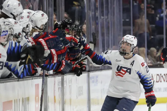 United States' Hilary Knight celebrates after scoring against Canada during the first period of a Rivalry Series hockey game in Anaheim, Calif., Saturday, February 8, 2020. (Photo by Chris Carlson/AP Photo)