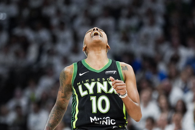 Minnesota Lynx guard Courtney Williams (10/AP reacts after missing a shot against the New York Liberty during the second half of Game 4 of a WNBA basketball final playoff series, Friday, October 18, 2024, in Minneapolis. (Photo by Abbie Parr/AP Photo)