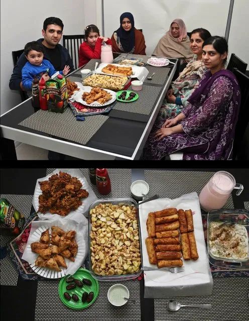 This combination of two photos taken on July 4, 2014, shows a Muslim family waiting to break their fast, top, and their meal, bottom, during the holy month of Ramadan in Sydney, Australia. (Photo by Rob Griffith/AP Photo)