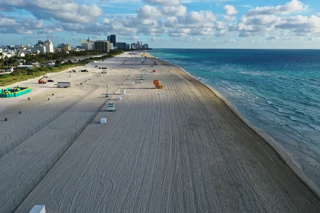 An aerial view from a drone shows an area of South Beach that the city closed in an effort to prevent the spread of the coronavirus on March 16, 2020 in Miami Beach, Florida. Miami Beach city officials closed the area of the beach that is popular with college spring breakers and asked them to refrain from large gatherings where COVID-19 could spread. (Photo by Joe Raedle/Getty Images)