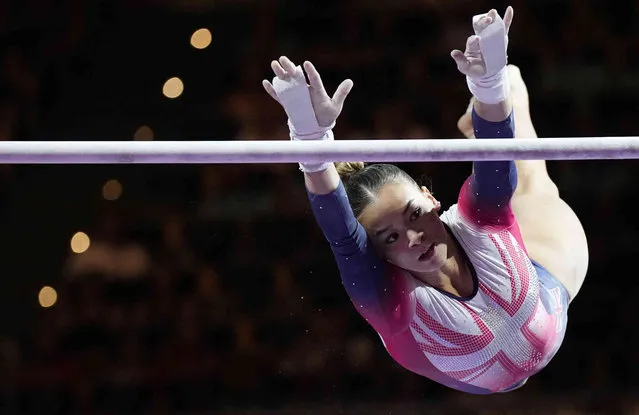 Britain's Georgia-Mae Fenton competes in the women's uneven bars final during the European Gymnastics Championships in Munich, Germany, Sunday, August 14, 2022. (Photo by Martin Meissner/AP Photo)