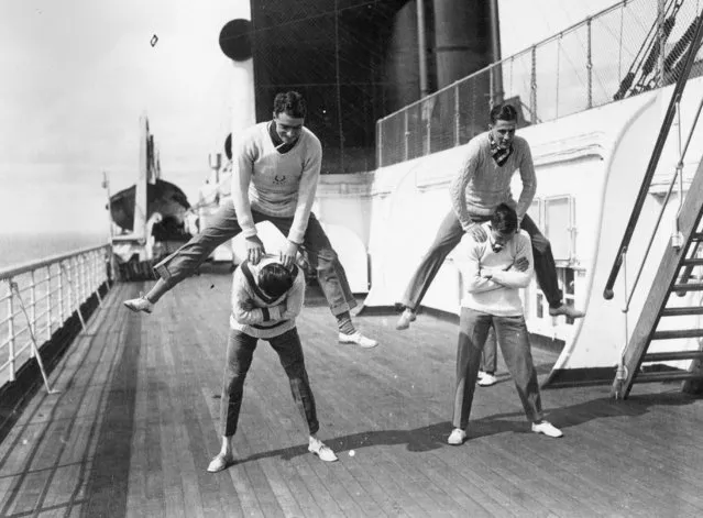 Oxford University relay team leap-frog  to keep fit on board SS Berengaria on their way to the USA, April 1923.